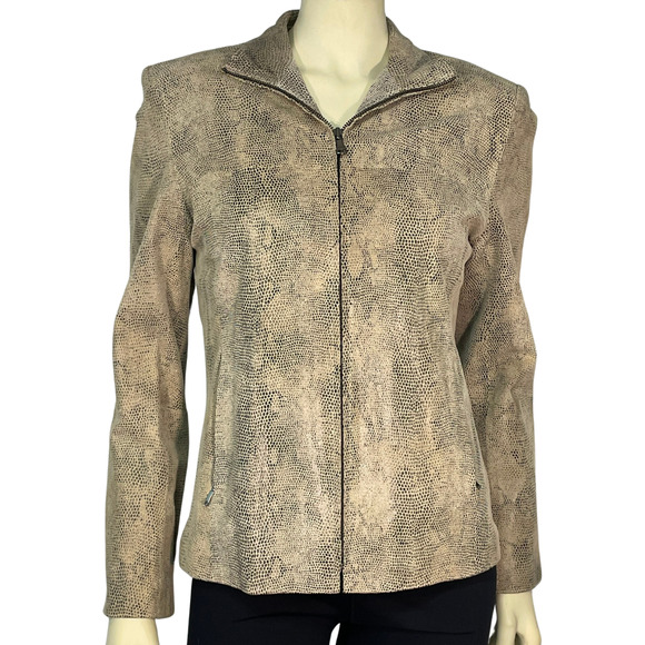 Bernardo Sz S Light Leather Jacket Snakeskin Print Full Zip Front Beige/Black - Picture 1 of 10